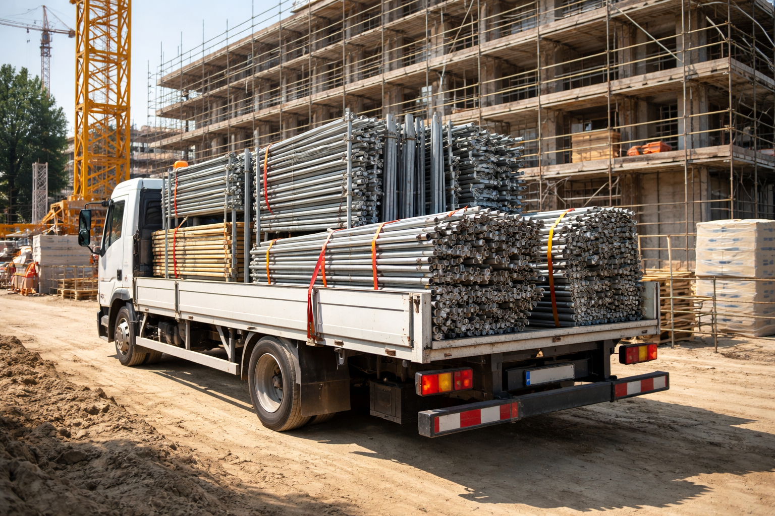 Scaffolding materials loaded on flatbed truck for site delivery